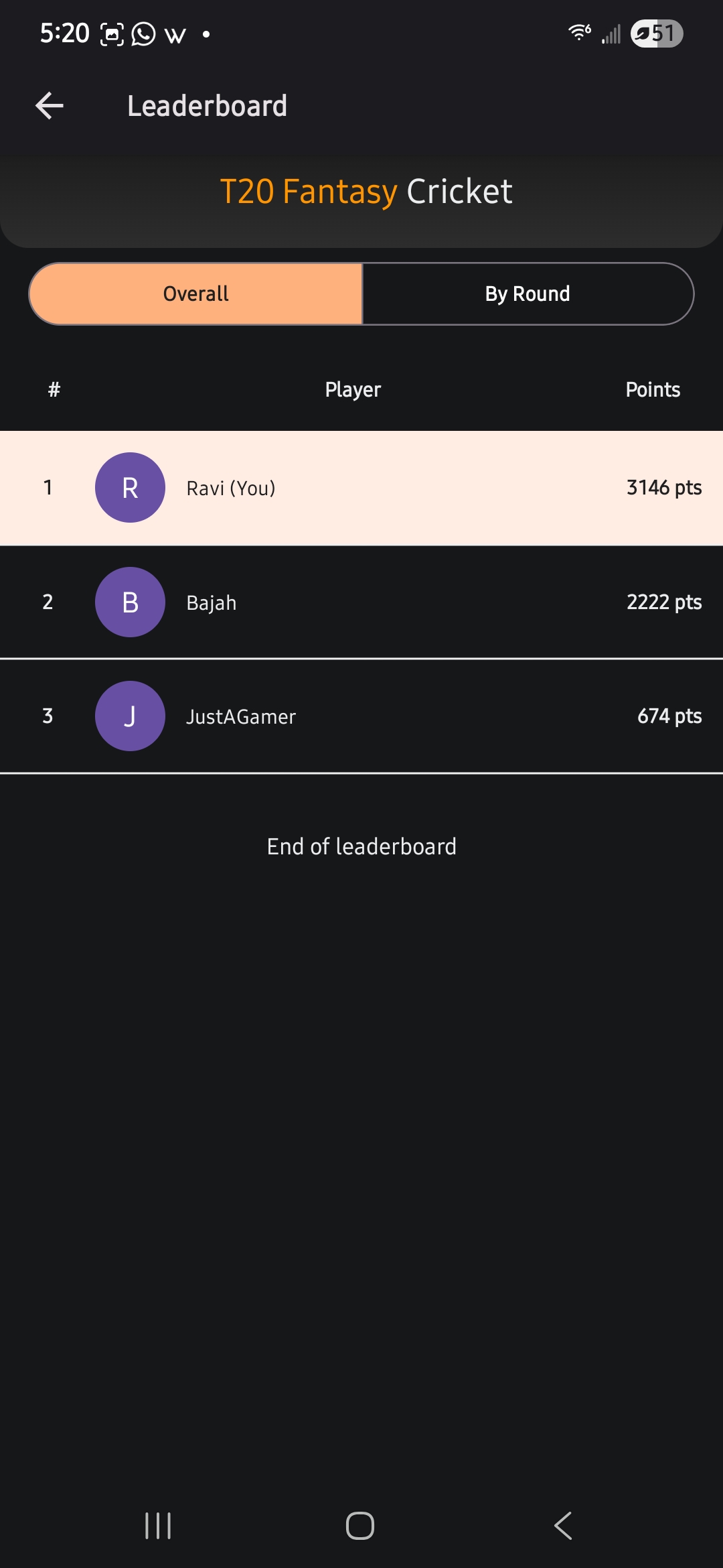 T20 Fantasy Cricket match screen
